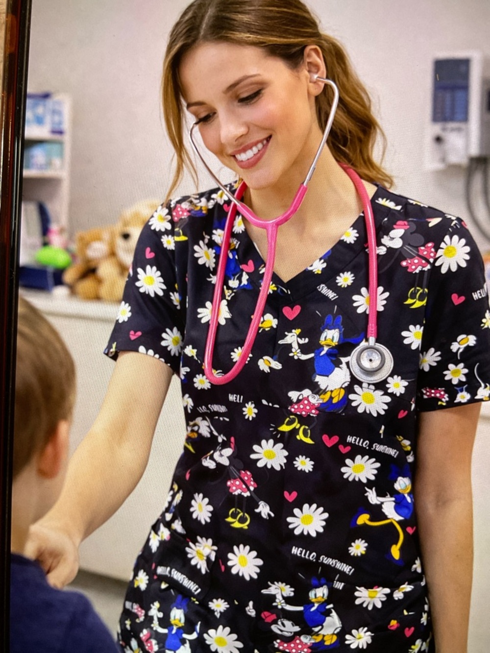 Disney Black Scrub Top with Daisy & Pink Minnie Accents. XS